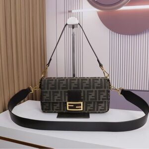 Fendi FF Logo Canvas Shoulder Bag in Dark Brown and Black